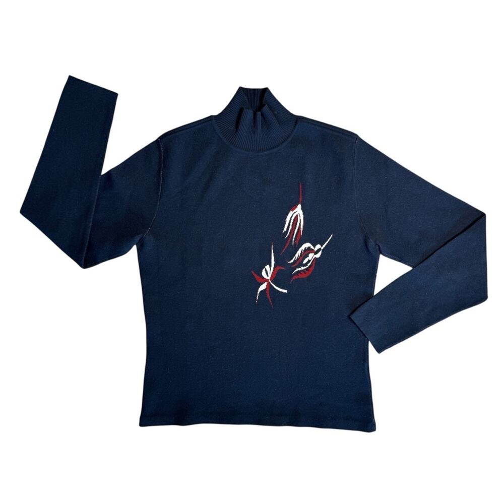 QASIMI Navy Mockneck Knit Sweater with Floral Design